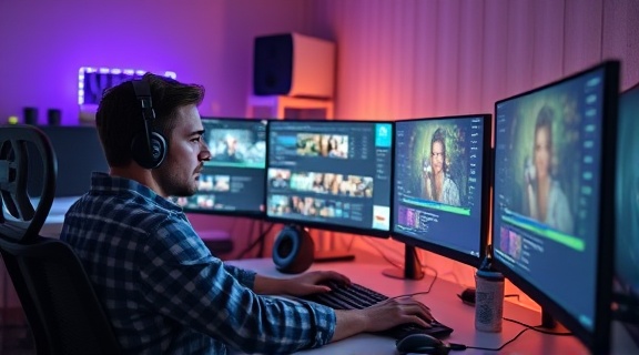 creative video marketing campaign, enthusiastic, editing clips on a computer, photorealistic, tech-savvy workspace with multiple screens, highly detailed, dynamic interface elements, 5k resolution, subtle pastel colors, LED backlighting, shot with a 100mm lens