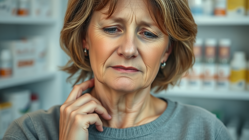 Woman touching neck showing signs of underactive thyroid gland in a pharmacy.