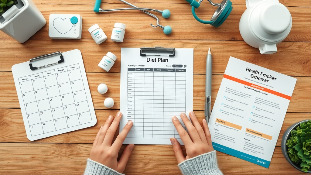 organized flatlay of medication organizer, diet plan, activity tracker for chronic disease management