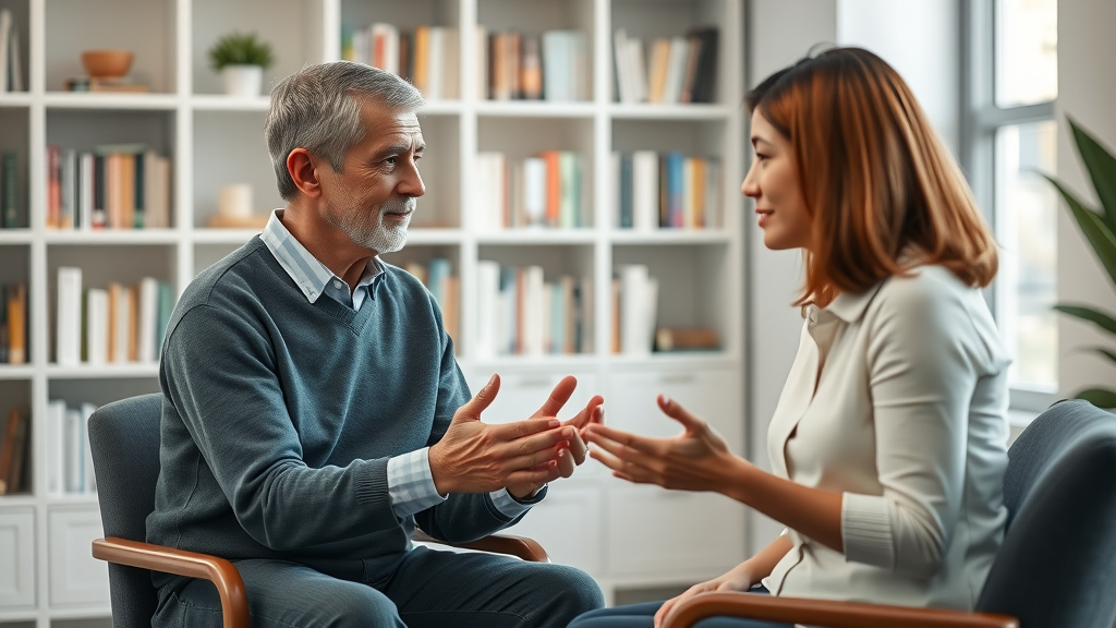 mental health awareness therapist and patient in open conversation in a calm professional office setting