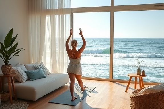 inviting wellness retreat, cozy, practicing yoga, photorealistic, a sunlit room overlooking the ocean, highly detailed, gentle waves crashing outside, calm blues and whites, natural light flooding in, shot with a 35mm lens