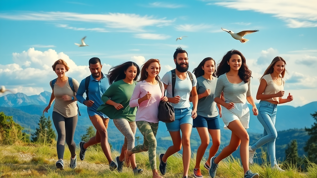 Motivated diverse group walking on trail promoting health by age and stage