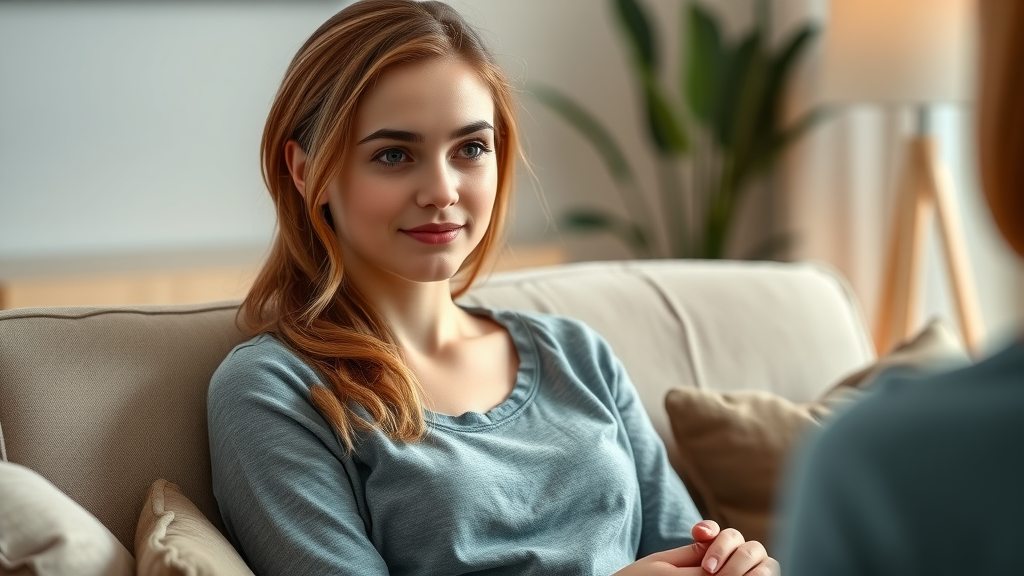 thoughtful young woman receiving psychological support during therapy session in a modern, comfortable therapist office
