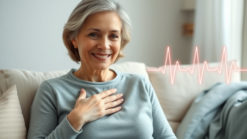 Healthy mature woman feeling her heartbeat and experiencing the health benefits of mindfulness meditation