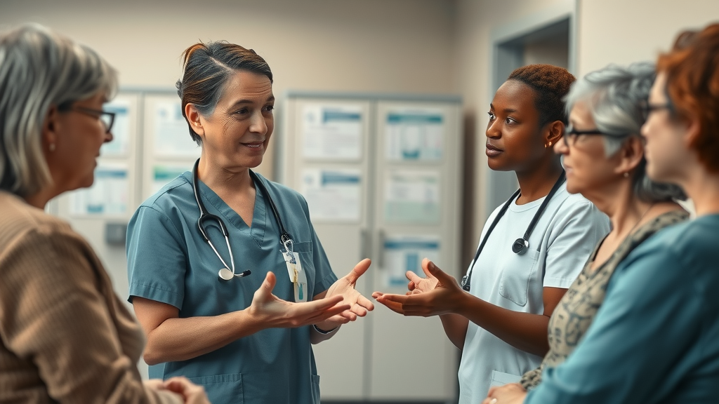public health advocacy empathetic healthcare worker helping group of patients in clinic