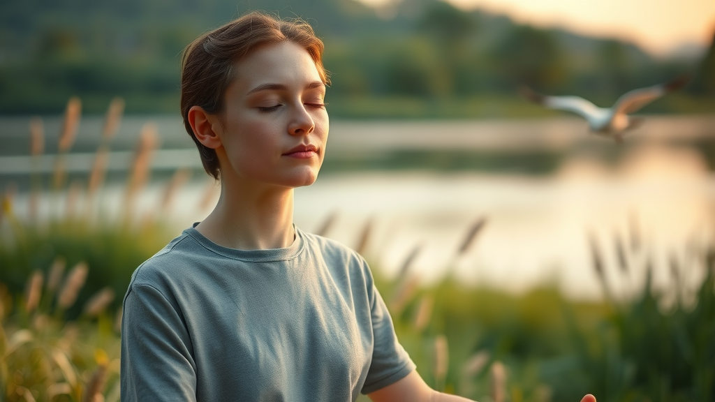 calm individual meditating by water, practicing mindfulness as part of holistic wellness approaches