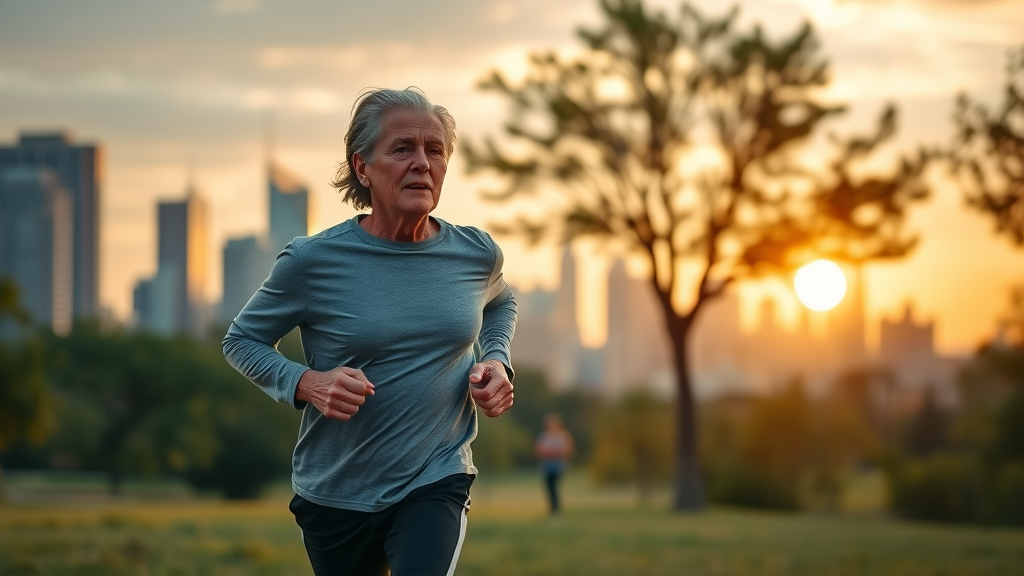 Healthy mid-age adult, jogging in park, illustrating adult health by age and stage