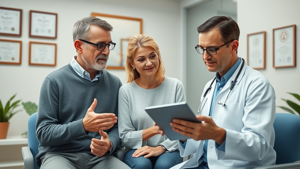 Focused middle-aged couple discussing with a doctor in a calm medical office - identifying health conditions and risk factors