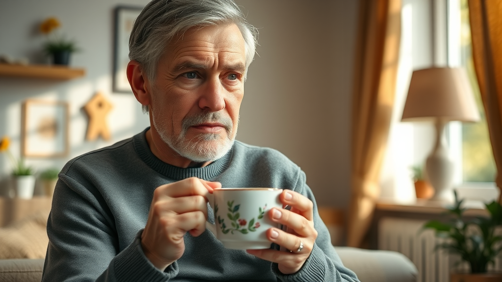 thoughtful person showing subtle concern about mental health in a comforting home