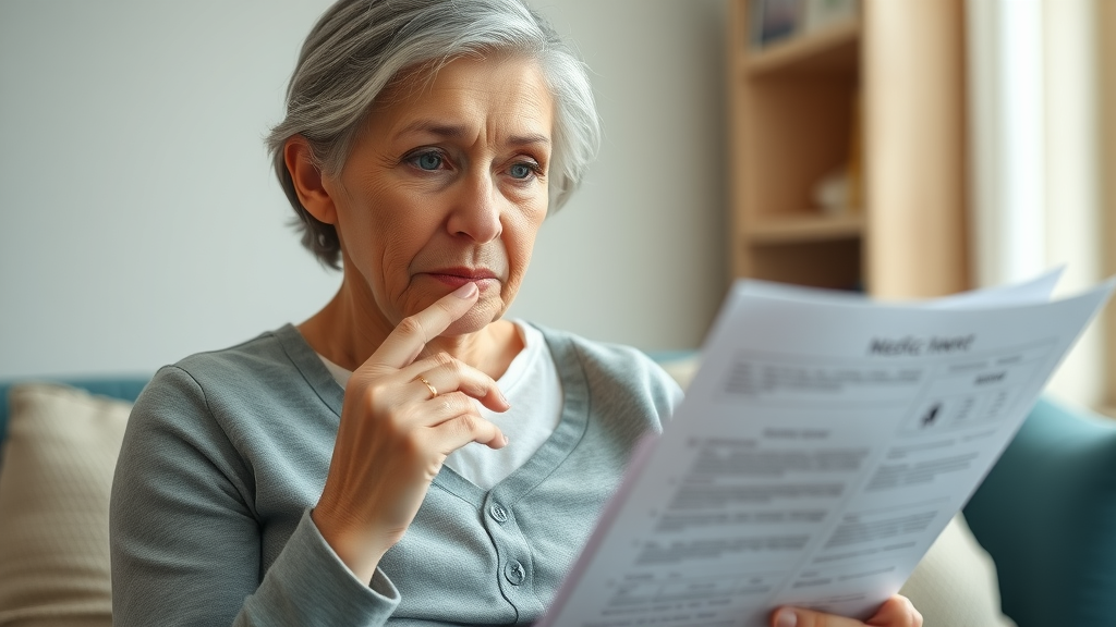 Concerned senior woman reviewing medical report on age-related health problems
