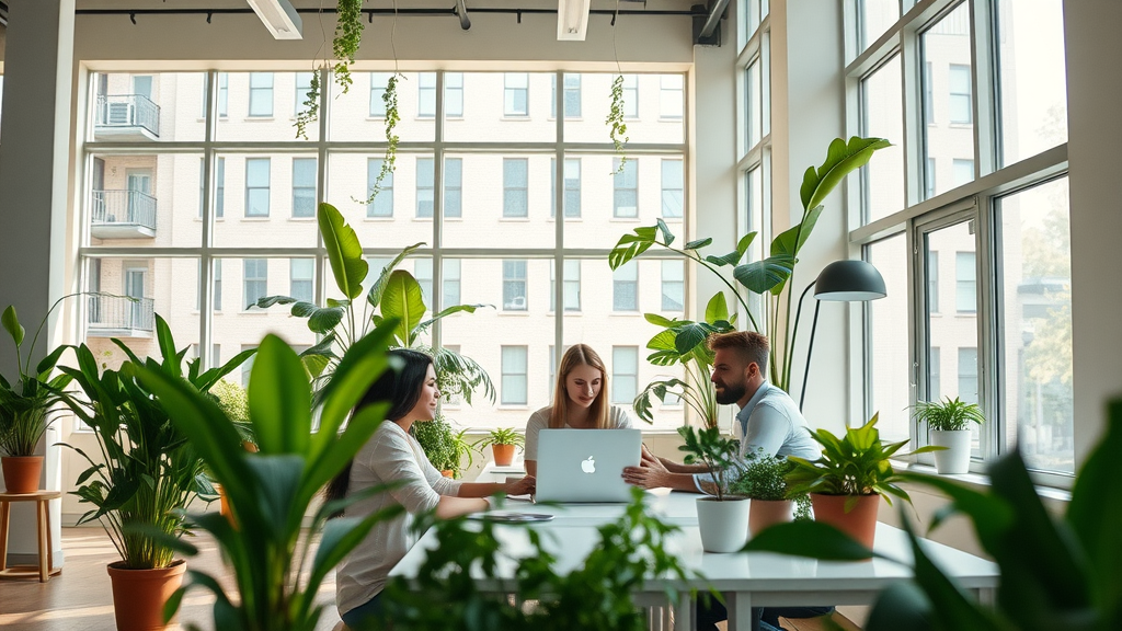 environmental wellness | Clean bright office with plants and natural light contributing to health and wellness impact