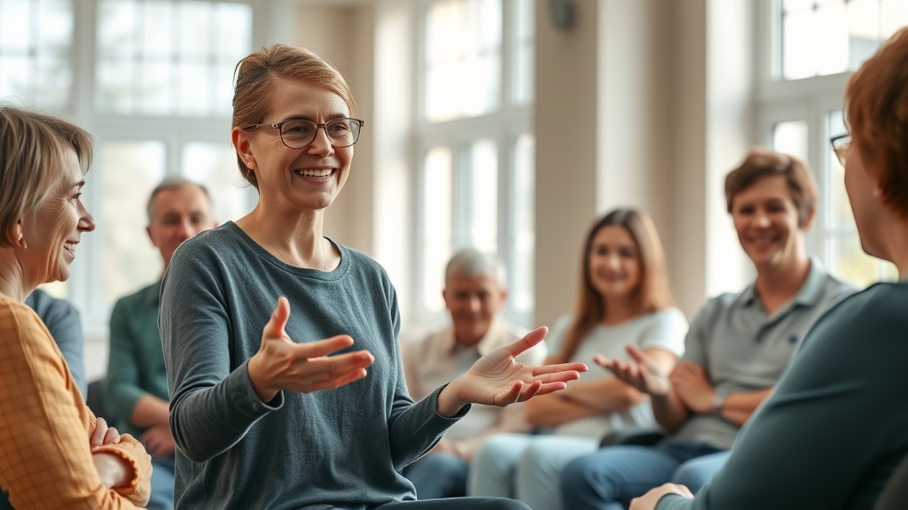 confident facilitator leading a support group for chronic disease in a community center, encouraging and compassionate