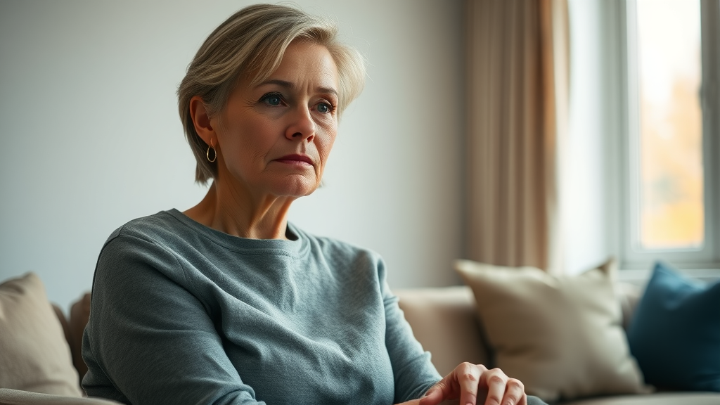 Thoughtful woman reflecting on mental health stigma in her modern living room