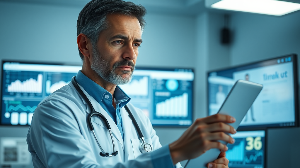 insightful medical professional reviewing preventive care digital health charts