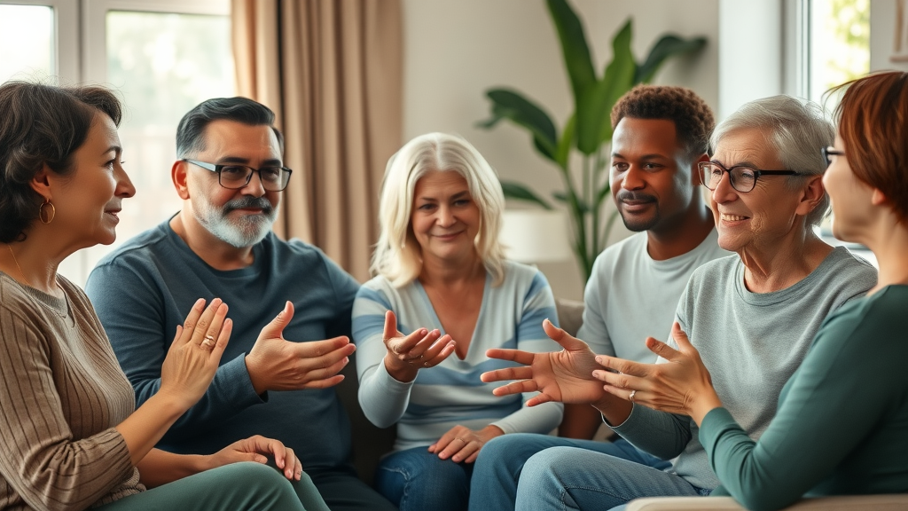 emotional well-being uplifting diverse group of adults in supportive conversation