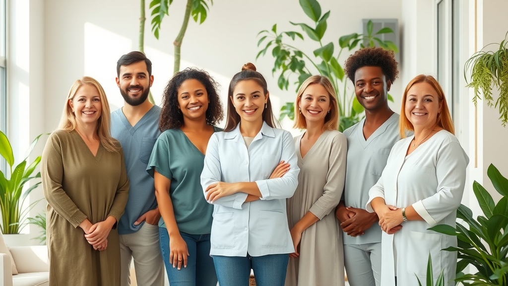 friendly diverse wellness team in a modern holistic clinic, wellness professionals
