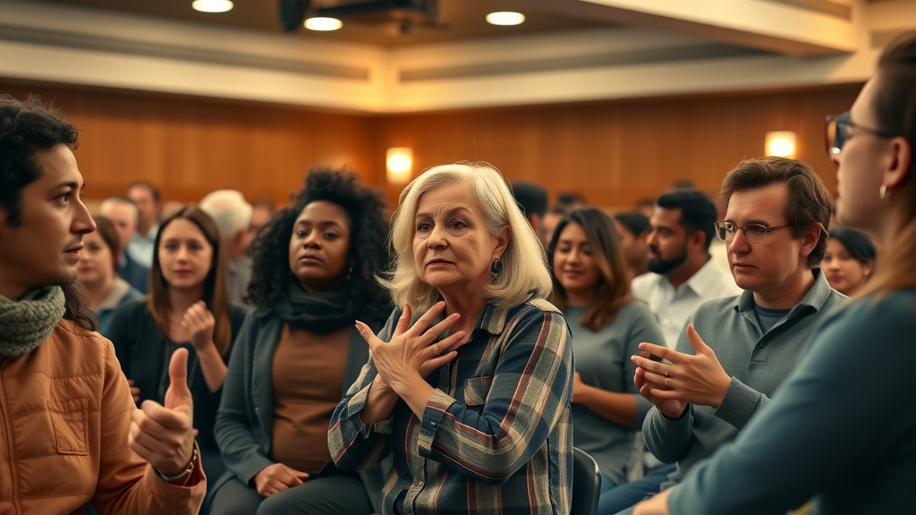 mental health awareness uplifting town hall meeting varied participants sharing stories with empathy