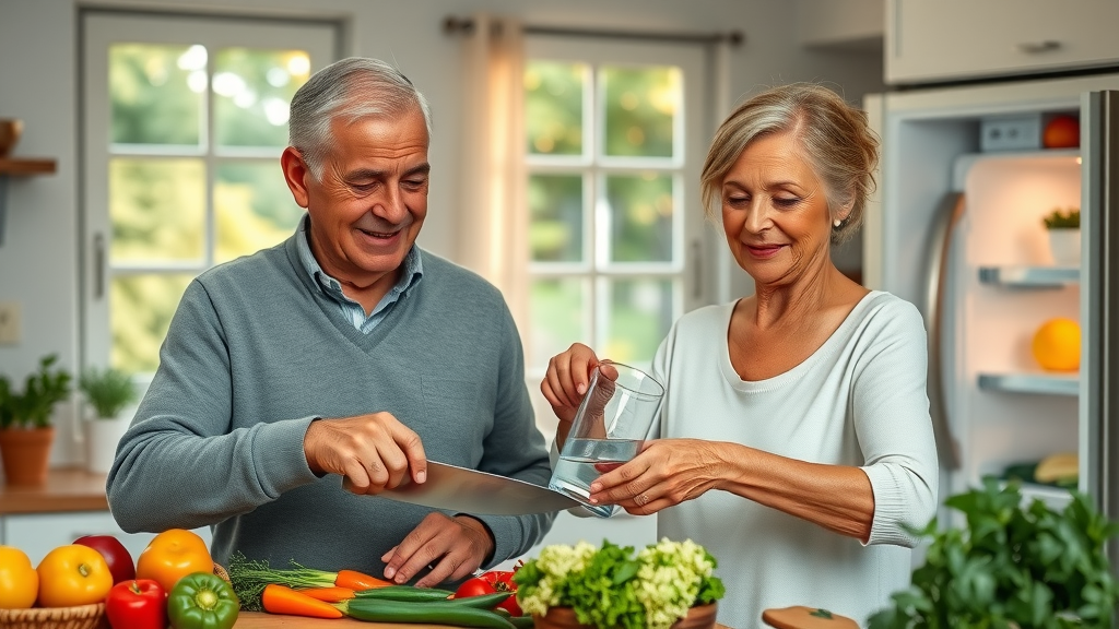 nutrition for seniors: elderly couple preparing a colorful, healthy meal with fresh vegetables in a cozy kitchen with natural light
