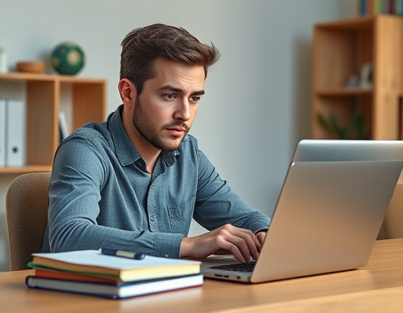 young adult, determined expression, attending an elearning session, photorealistic, remote study setup with a laptop and textbooks on a desk, highly detailed, dynamic internet connectivity icons, high-resolution, vibrant colors, bright LED lighting, shot with an 85mm lens.