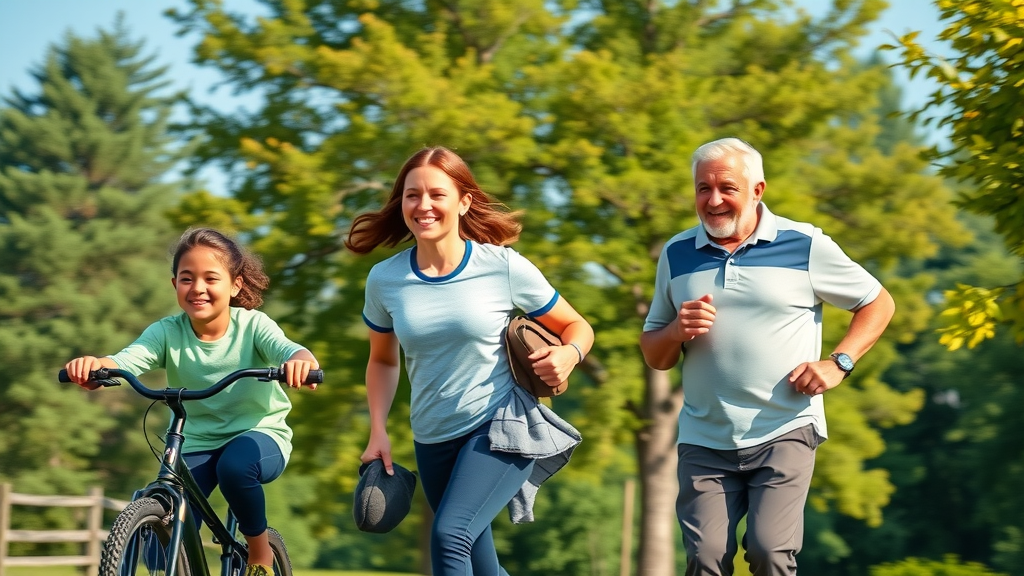 physical activity: family of different ages exercising together in a lush park, representing healthy eating and active lifestyles across generations