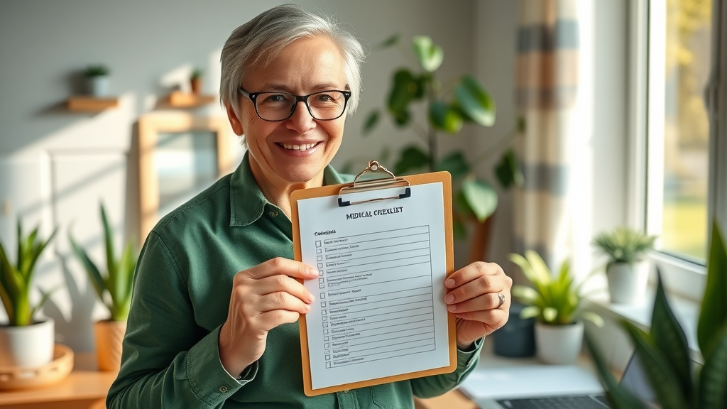 preventive health by age, empowered middle-aged person holding completed health checklist in sunlit home office