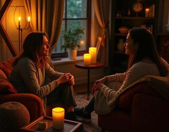 supportive mentalhealth therapy, empathetic, discussing feelings, photorealistic, cozy room with comfortable seating, highly detailed, flickering candlelight, warm earth tones, soft ambient lighting, shot with a prime lens