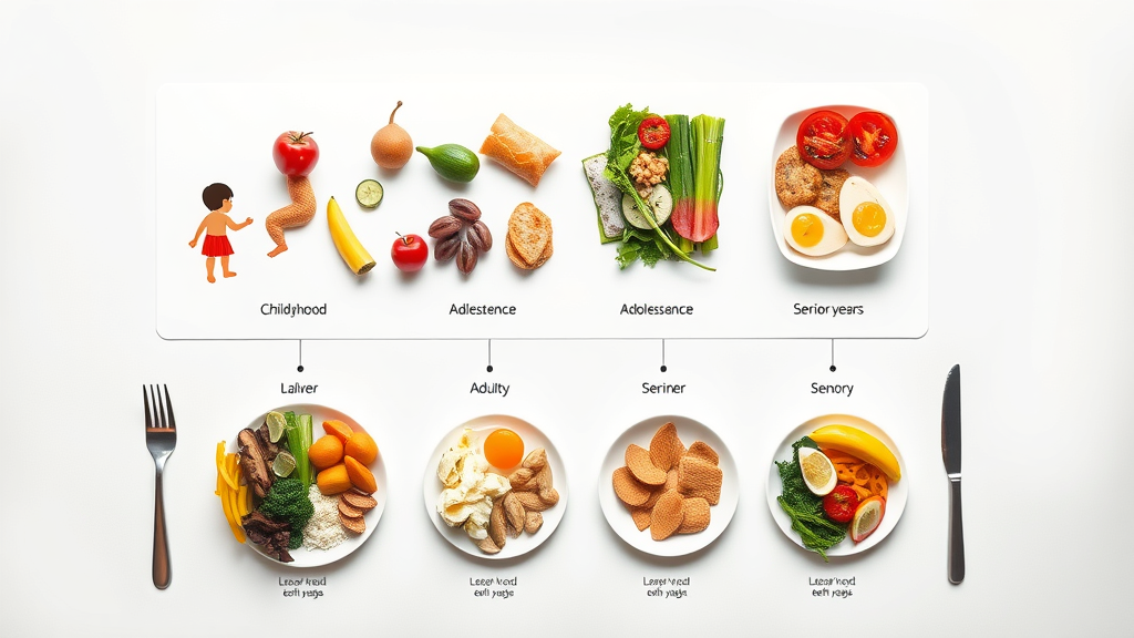 food groups: infographic showing childhood, adolescence, adulthood, and senior years with appropriate food group portions for each stage, clear and educational