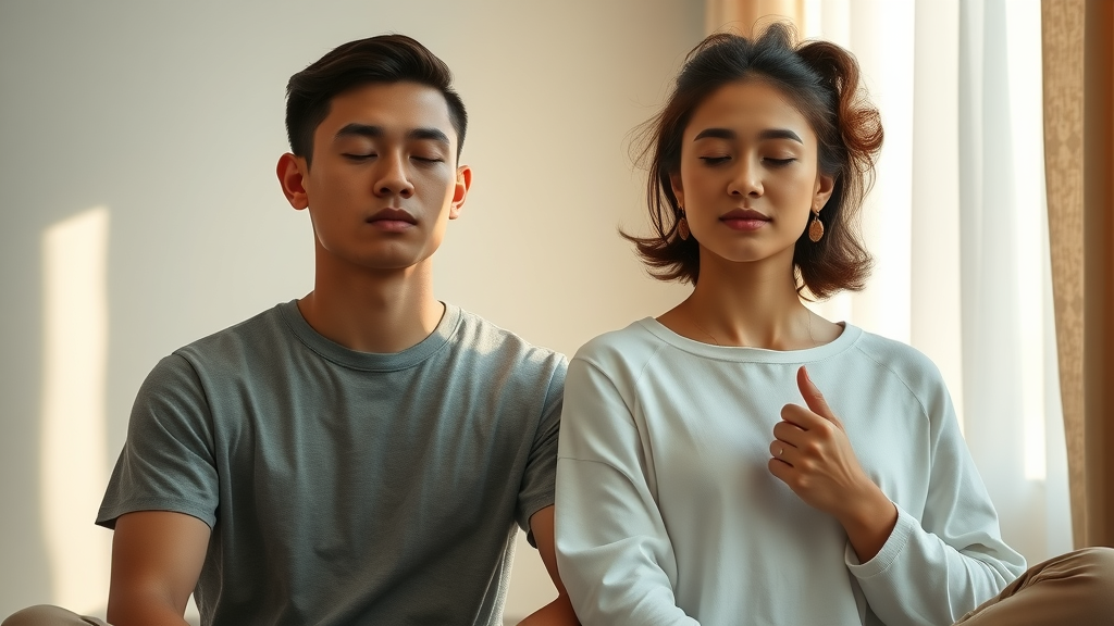 Thoughtful young man and woman practicing mindfulness and meditation in peaceful minimalist space