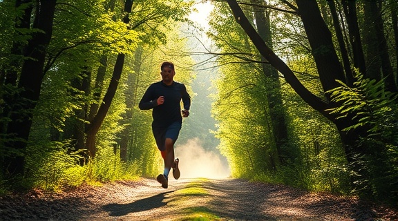 motivated health fitness enthusiast, sprinting energetically, on a nature trail, photorealistic, amidst lush greenery, with sunlight breaking through canopy, dust particles in the air, sharp contrasts, rich greens, dappled sunlight effect, shot with a long-focus lens.