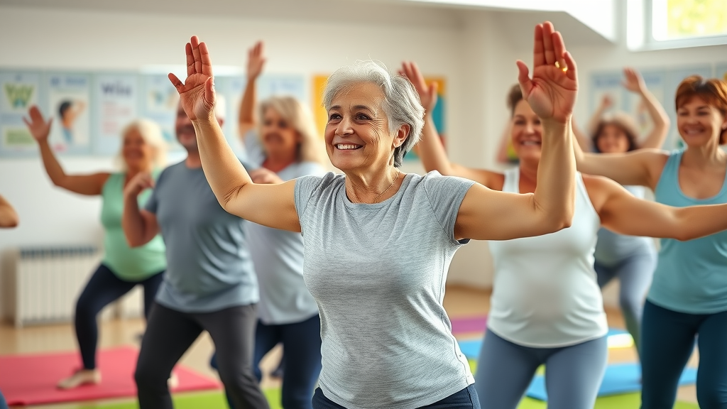 Adults participating in group fitness for healthy lifestyle and chronic condition management - physical activity and healthy eating