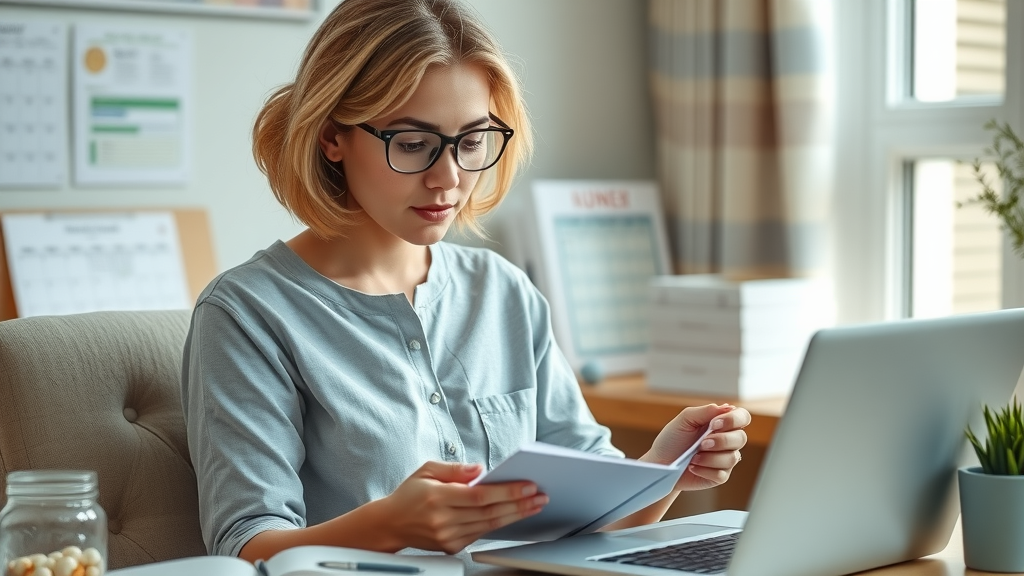 Organized female patient updating digital health journal, using tools for chronic condition support and education at a home office