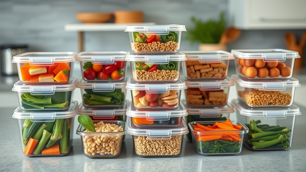meal prep meal pattern nutrition and wellness organized containers of balanced meals with vegetables, proteins, and grains on a bright countertop