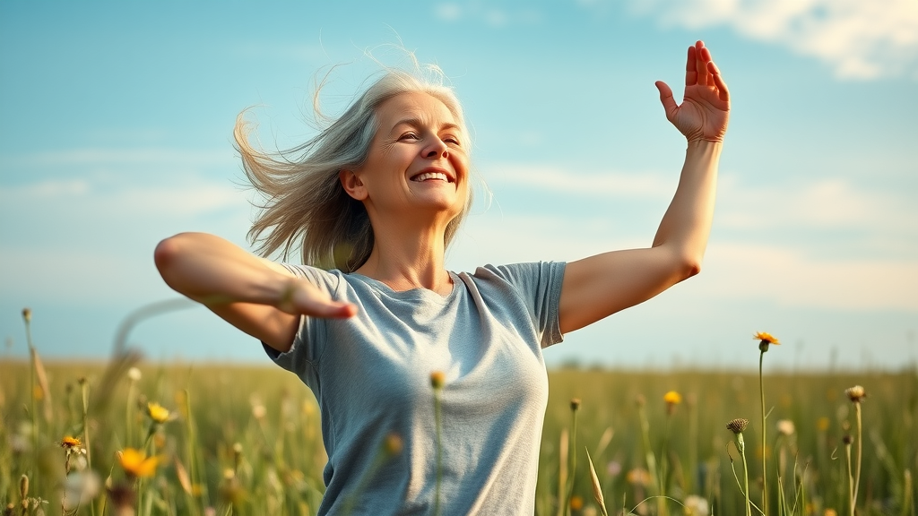 emotional wellness example, smiling adult practicing yoga, open meadow