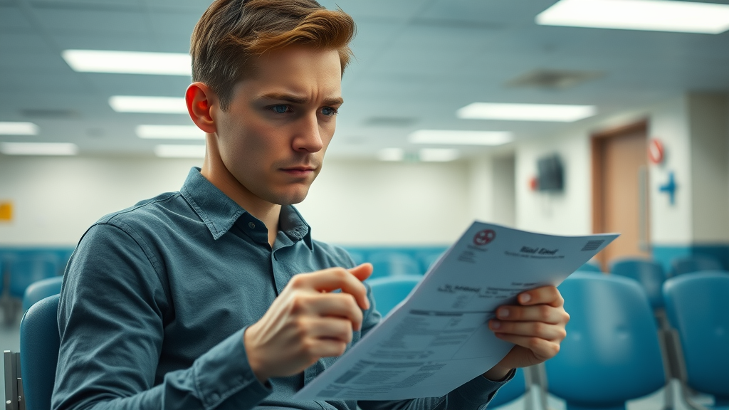 Anxious young man experiencing barriers to mental health care in a hospital waiting room
