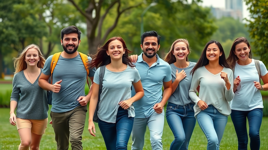Energetic diverse adults brisk walking in a green city park enjoying physical activity benefits