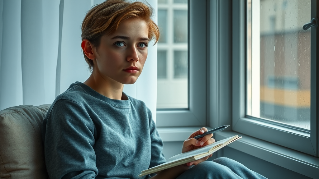 person looking pensive yet hopeful, reflective, journaling at home, considering beginning therapy and counseling, soft natural light