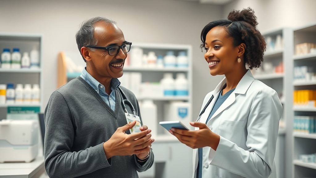 Pharmacist discusses custom underactive thyroid gland medication with a patient.