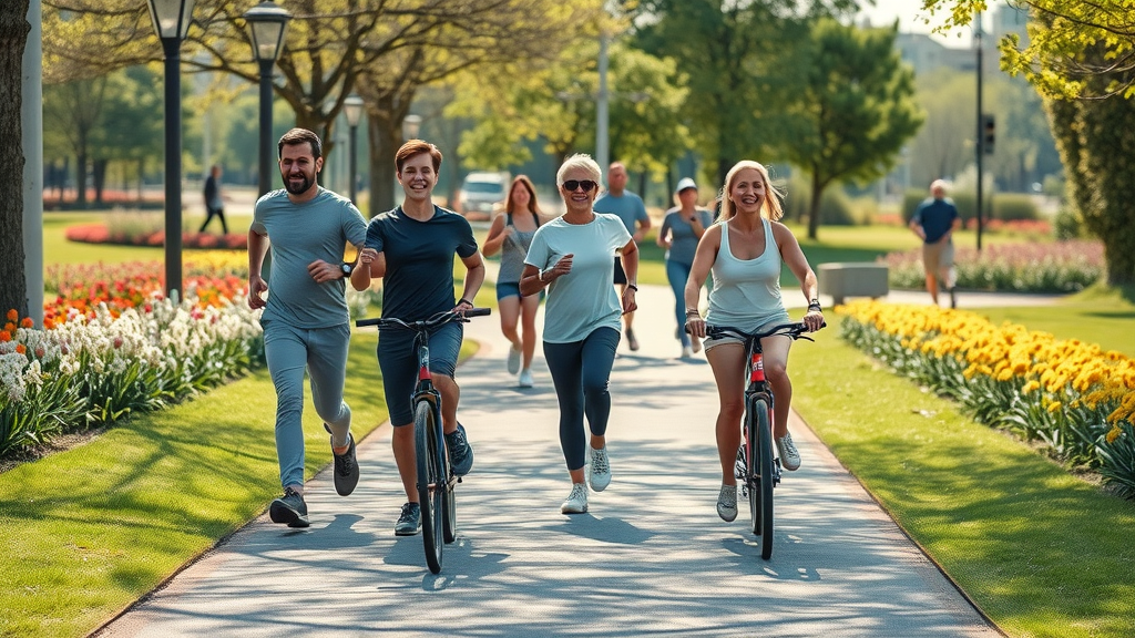 people jogging and cycling for healthy lifestyle habits and physical activity in a sunny urban park, accurate anatomy, beautiful flowers, bright colors