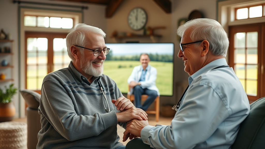 Elderly couple in rural home using telehealth for chronic condition support