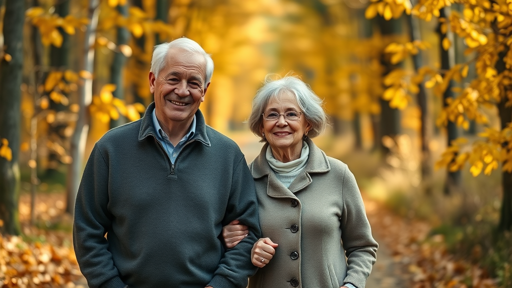 Dignified seniors walking in autumn forest, healthy aging by age and stage