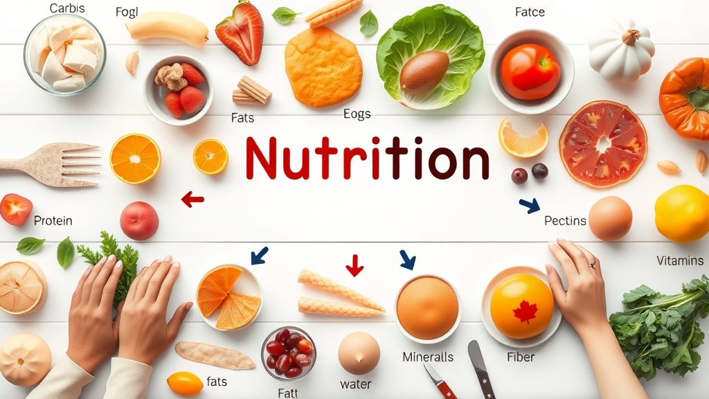 7 types of nutrition colorful food groups for nutrition and wellness: carbs, proteins, fats, vitamins, minerals, water, fiber separated on a table
