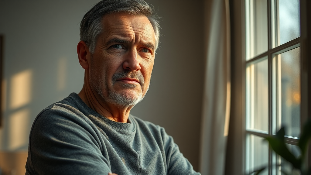 concerned middle-aged man reflecting on need for psychological support while looking out window at home