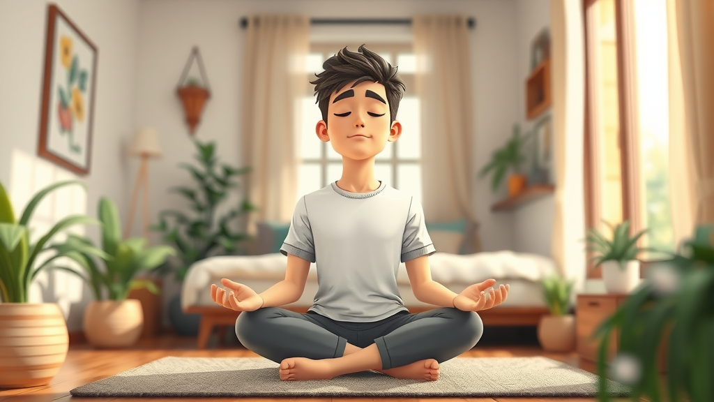Young man meditating and practicing mindful breathing stress management techniques for quick relief