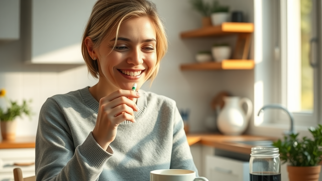 Woman taking personalized medication for underactive thyroid gland with breakfast.