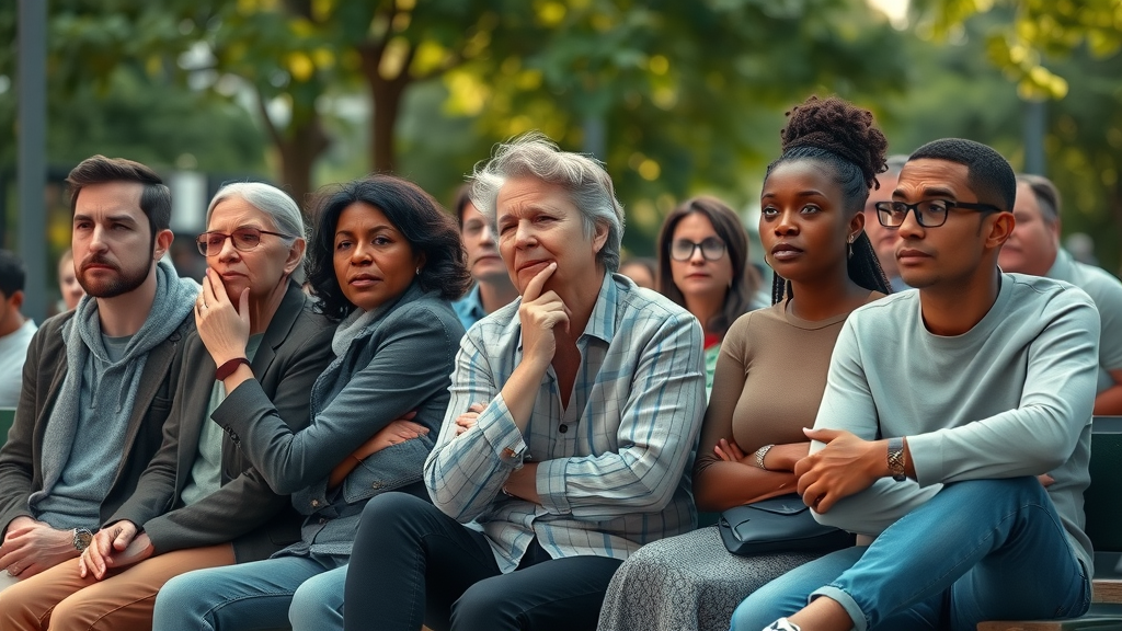 mental health awareness somber diverse group of adults expressing concern and thoughtfulness in urban park