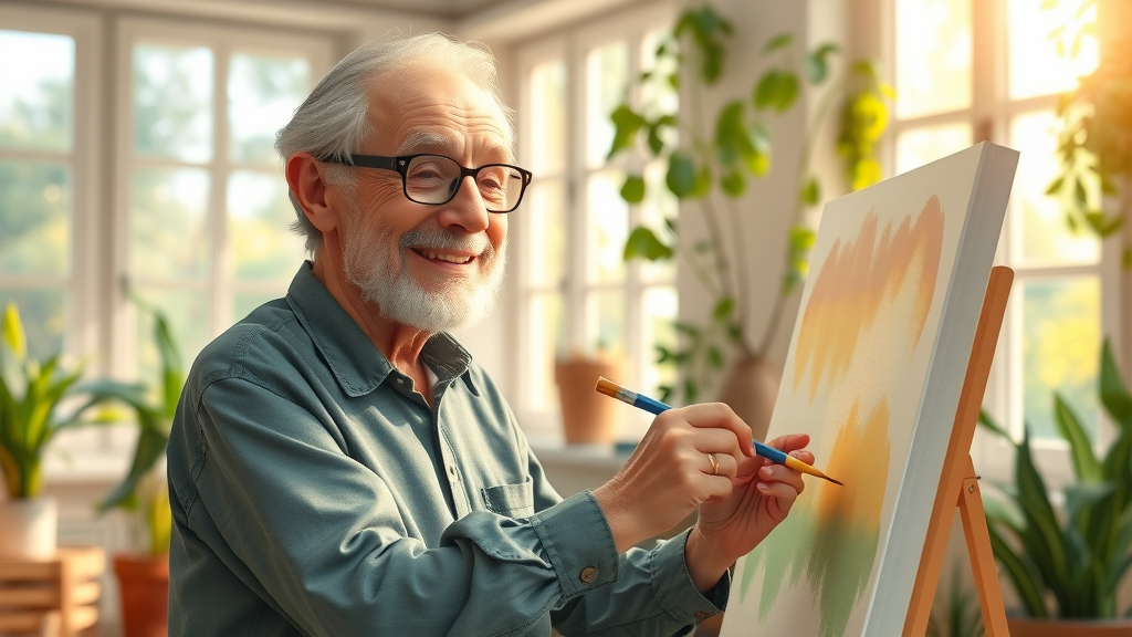 creative expression in emotional health, senior painting, sunlit art studio
