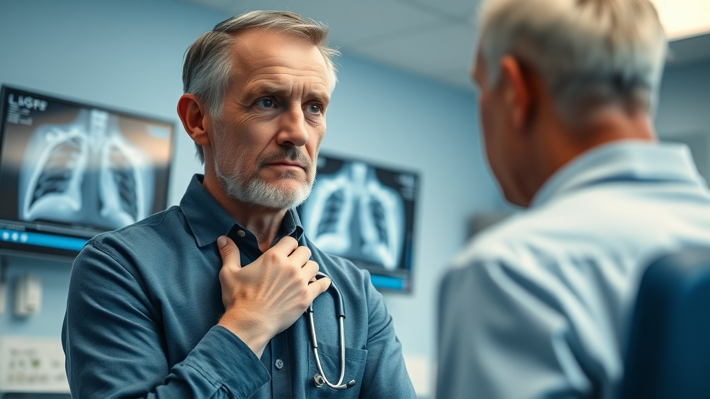preventive health by age, adult patient and physician discussing lung cancer screening with displayed x-ray