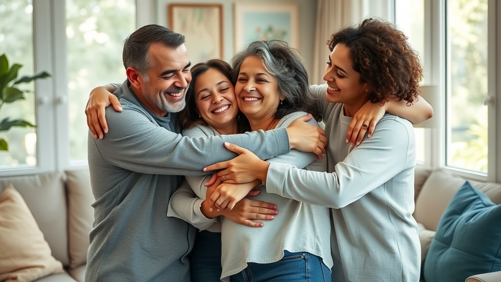 mental health awareness hopeful multicultural family showing warmth and mutual support through a group hug