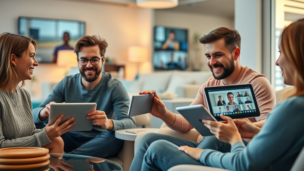 chronic illness support groups connecting virtually with people using technology tablets and laptops
