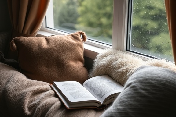 harmonious wellness balance, content, journaling in a cozy corner, photorealistic, reading nook with plush pillows and a view of raindrops on the window, highly detailed, rain softly pattering outside, f/1.8 aperture for smooth bokeh, muted colors, soft ambient lighting, shot with a 50mm lens